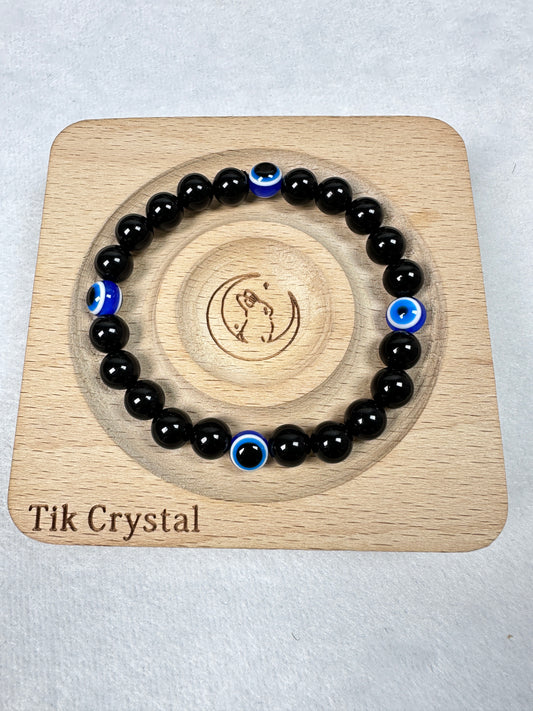 Protective Black Obsidian Bracelet with Evil Eyes Charm - 8mm